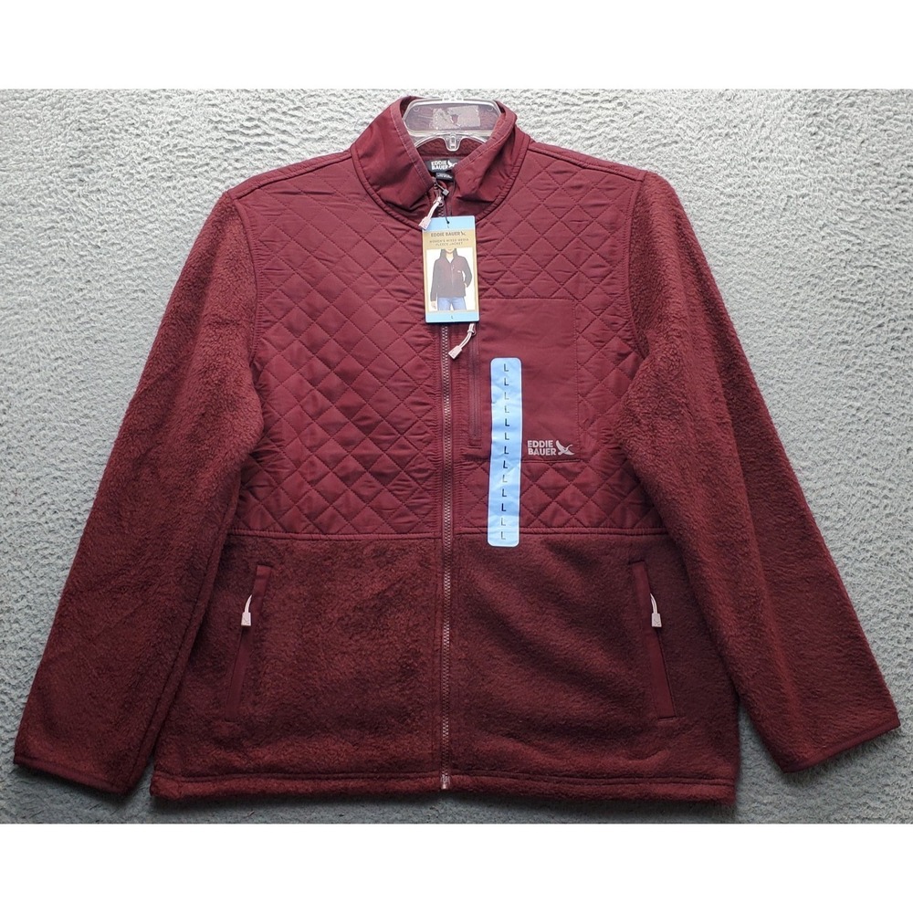 Eddie Bauer Zip Up Polar Fleece Jacket Womens L Red Mixed Media Quilted EB010877